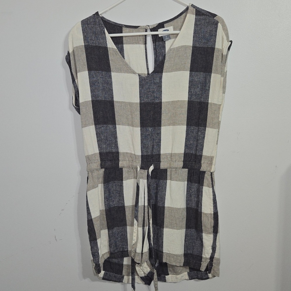S#21 Old Navy Women's Plaid Short Romper Linen Blend Drawstring Waist Sz‎ S
